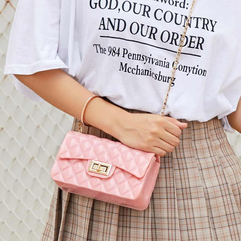 Korean Fashion Solid Color Rhombus Single Shoulder Messenger Fresh Jelly Bag Mobile Phone Coin Chain Small Square Bag