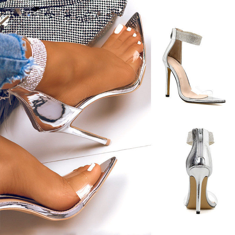 Rhinestone pointed sandals toe high heels women