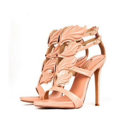 Summer new leaf sandals multicolor wings metal rhinestone decoration hollow Rome women's shoes high heels wild