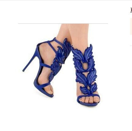 Summer new leaf sandals multicolor wings metal rhinestone decoration hollow Rome women's shoes high heels wild