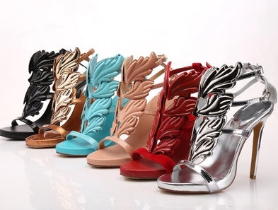 Summer new leaf sandals multicolor wings metal rhinestone decoration hollow Rome women's shoes high heels wild