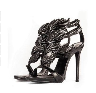 Summer new leaf sandals multicolor wings metal rhinestone decoration hollow Rome women's shoes high heels wild