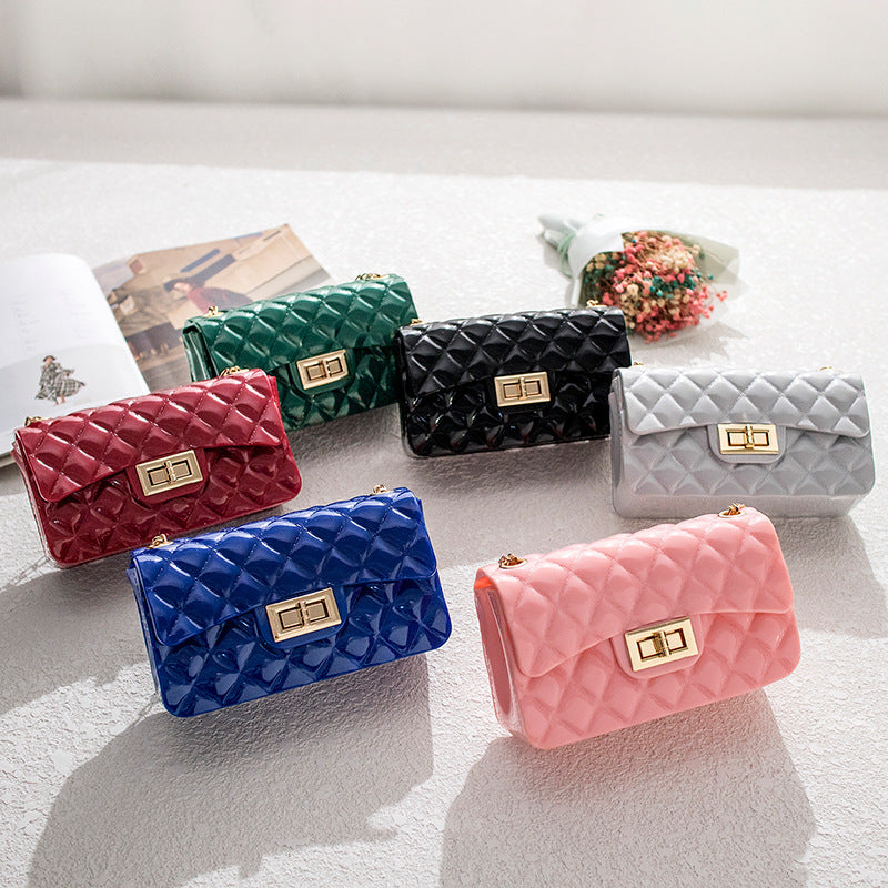 Korean Fashion Solid Color Rhombus Single Shoulder Messenger Fresh Jelly Bag Mobile Phone Coin Chain Small Square Bag