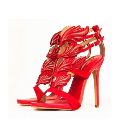 Summer new leaf sandals multicolor wings metal rhinestone decoration hollow Rome women's shoes high heels wild