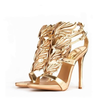 Summer new leaf sandals multicolor wings metal rhinestone decoration hollow Rome women's shoes high heels wild
