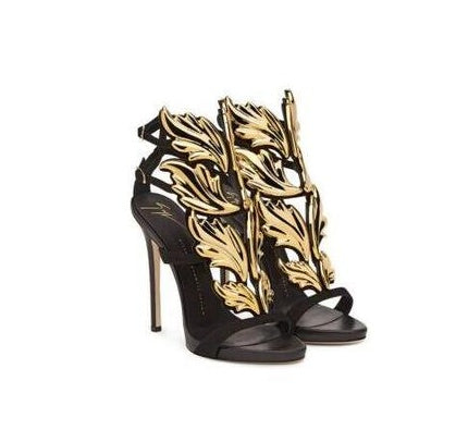 Summer new leaf sandals multicolor wings metal rhinestone decoration hollow Rome women's shoes high heels wild