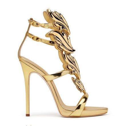 Summer new leaf sandals multicolor wings metal rhinestone decoration hollow Rome women's shoes high heels wild