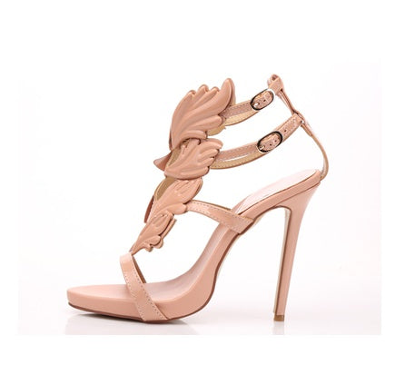 Summer new leaf sandals multicolor wings metal rhinestone decoration hollow Rome women's shoes high heels wild