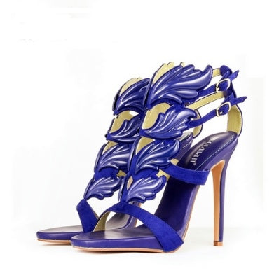Summer new leaf sandals multicolor wings metal rhinestone decoration hollow Rome women's shoes high heels wild